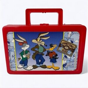 90s Vtg Looney Tunes Blues Pencil Case Red Plastic Lunch Box Bugs Daffy Coyote